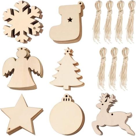WOVTE 70 PCS Ornements de Noël en bois, décorations de Noël flocons de neige, bas, ange, arbre de Noël, cerf, étoile, disque rond (1/4)