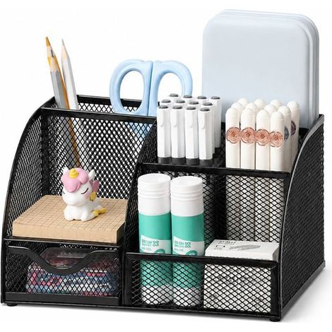 Porte-stylos métallique - Style Ins - 7 compartiments -Conception ajourée- Robuste et durable - pour bureau maison - Noir (1/5)