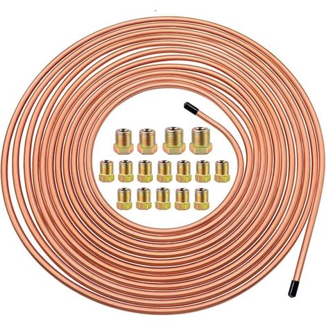 Tuyau de Frein en Cuivre 25ft/7,62m Ø 4.75mm, Kit de Conduite Générale de Frein Replacement, Auto Tube Tuyau de Carburant Frein, 3/16" de Rechange pour Automobile avec 16 Raccords (1/4)