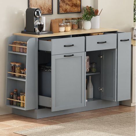 MEUBLIV Buffet de cuisine gris en MDF avec compartiment poubelle et étagère à épices (1/5)