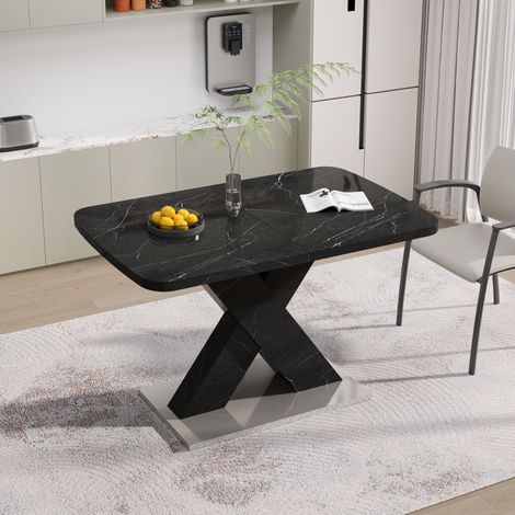 Mesa de comedor rectangular extensible (160x80x76.5 cm), tablero efecto mármol negro, MDF y acero, negra (1/5)