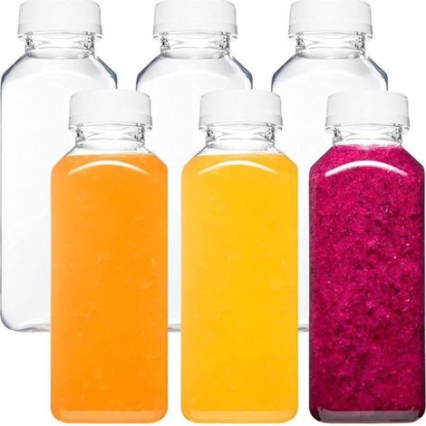 Bouteilles à jus transparentes réutilisables (avec couvercles), 35 cl, lot de 6, transparentes — Idéales pour les jus, les smoothies et autres boissons (1/5)