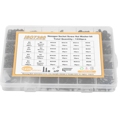 Kit de 1220 Pièces Vis Écrous Rondelles en Acier Carbone M2 M3 M4 M5 Tête Hexagonale (1/5)