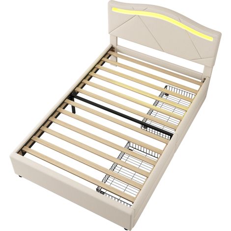 Gepolstertes Bett 90 x 200 cm mit Lattenrost, 2 Schubladen, LED, verstellbarem Kopfteil, beige (1/5)