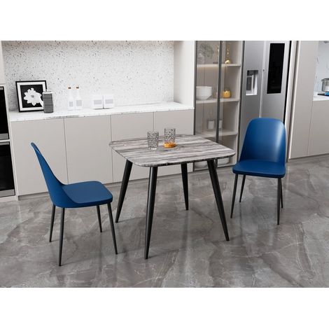 Aspen Tapered Legs Square Dining Table and 2 Duo Plastic Seat Chairs with Metal Legs - Grey Oak/Black/Blue - Flat Packed