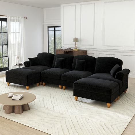 Klassisches U-förmiges modulares 4-Sitzer Sofa aus Chenille mit Trichter-Armlehnen, abnehmbarer Rüschenschürze, spindelförmigen Beinen & beweglichem Hocker – Weiches Cloud-Sofa fürs Wohnzimmer, Schwar