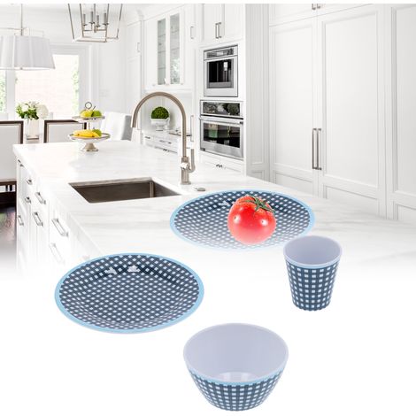 Service de table 12 pièces en mélamine bleu foncé à motif quadrillé : tasses, bols et assiettes, idéal pour la maison, le restaurant et la cuisine. (1/5)