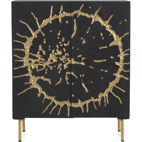 Hohes Sideboard aus schwarzem Mangoholz mit 2 Türen und goldenen Metallbeinen (1/5)