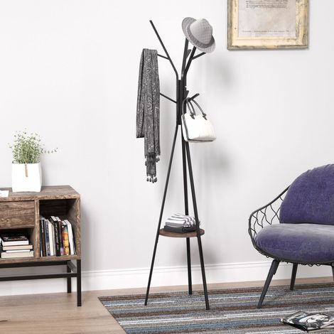 Garderobenständer im Skandidesign, Kleiderständer, 7 Kleiderhaken, Schwarz + Braun