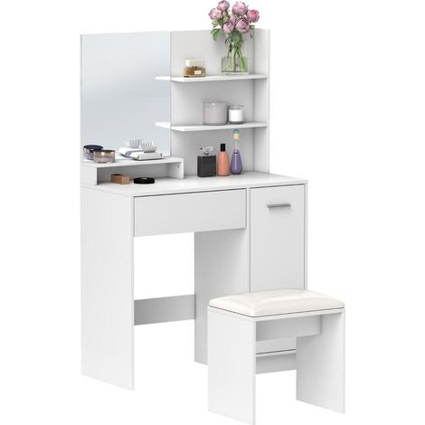 Ensemble coiffeuse avec miroir et tabouret, tiroir, armoire étagère réglable pour la chambre 80l x 40P x 132H cm, blanc