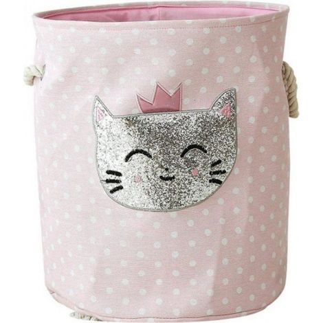 Panier de rangement pour jouets pour chambre d'enfant - Panier à linge rose à pois blancs - Chat pailleté - Panier de rangement avec poignées en corde - Panier à linge pour chambre d'enfant ou crèche (1/4)