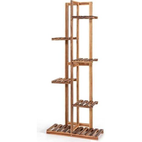 Support plantes en bois 6 niveaux, étagère pour 7 pots, pin carbonisé, stable pour salon et balcon (1/5)