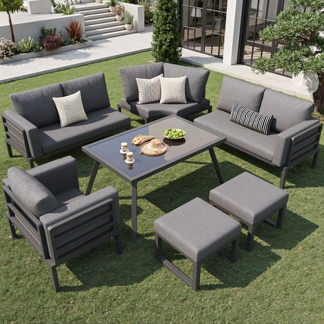 Ensemble Salon de Jardin 8 Places en Fer avec Canapé d'Angle, 2 Canapés 2 Places, Fauteuil, 2 Tabourets et Table, Gris (1/5)