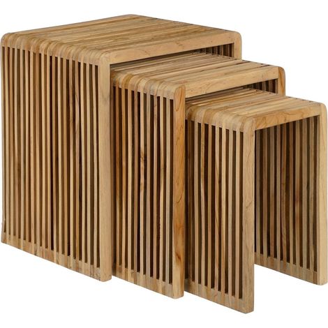 Lot de 3 Tables d'Appoint Porte-Plantes en Teck Recyclé Marron avec Lattes Verticales - PANGIVO (1/5)