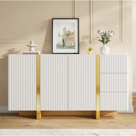Credenza bianca a 3 ante e 3 cassetti con dettaglio scanalato e base effetto legno (1/5)