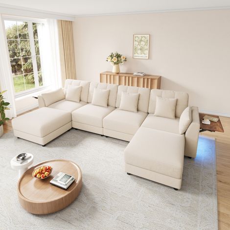 Canapé panoramique d’angle XL 6 places avec rangement, canapé en L en chenille avec pouf et tablette intégrée Beige, 292 x 135 x 82 cm (1/5)