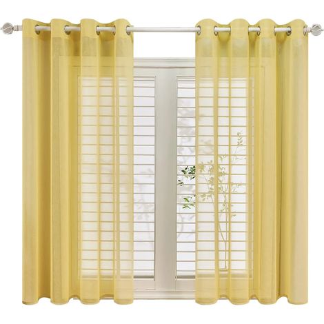 Lot de 2 Rideaux Voilage Jaune Brillant en Effet Lin - A Oeillets Rideau Decoration Chambre Semi-Transparent pour Salon Rideau Cuisine 140x160cm(Largeur x Hauteur) (1/5)