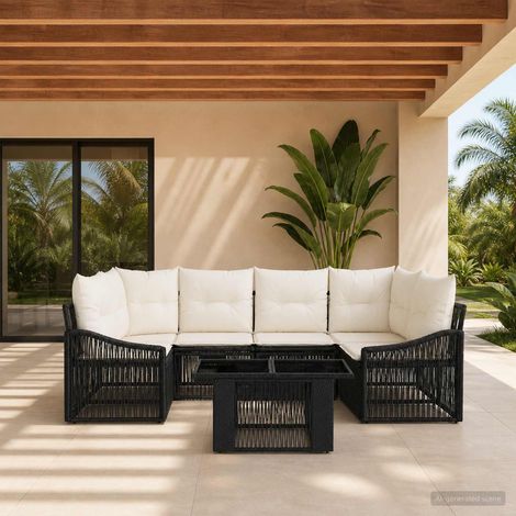 vidaXL Set Divano da Giardino 7 pz Nero e Bianco Crema polyrattan (1/5)