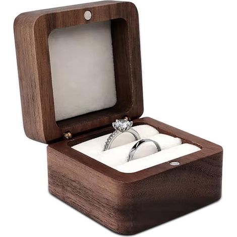 Boite a Bijoux Bois, Double Fente Boite Bague de Fiançailles, Porte Alliance de Mariage Carrée, Vintage Boîte de Support de Bague de Mariage(Blanc) (1/5)
