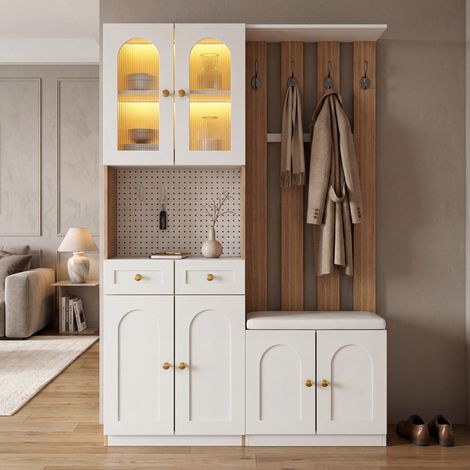 Mueble recibidor perchero de MDF blanco con 4 ganchos, banco acolchado y LED integrada, diseno modular reversible, 120 x 30 x 180 cm (1/5)