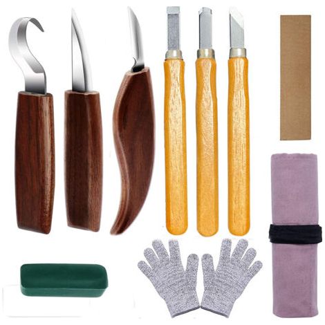 Ahlsen 10Pcs Outils Sculpture sur Bois Kit, Acier Carbone Kit avec 3 Ciseaux à Bois, 3 Couteau Sculpture Bois, Gants,Sac Rangement, Professionnel Outillage Bois Sculpter (1/5)