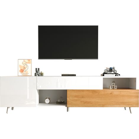 Meuble tv 180x38x50 cm blanc brillant avec porte et tiroir, 7 compartiments, meuble bas pour écran jusqu’à 75 pouces