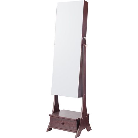 Schmuckschrank mit Ganzkörperspiegel, Wand- oder Standablage, Schloss, Samtfutter, LED-Innenbeleuchtung, Schublade, braun. (1/5)