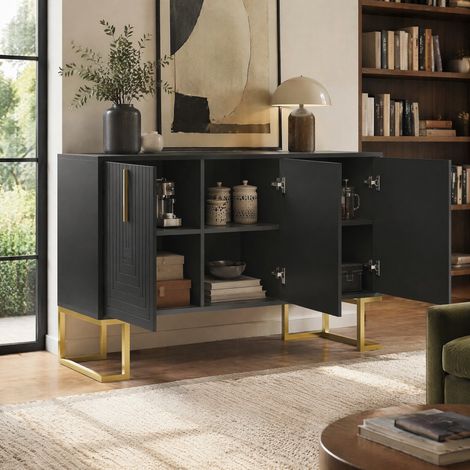 FLORAGRACE Buffet bas 138 x 40 x 80.5 cm en MDF noir 3 portes avec étagères réglables, portes à texture en U (1/5)