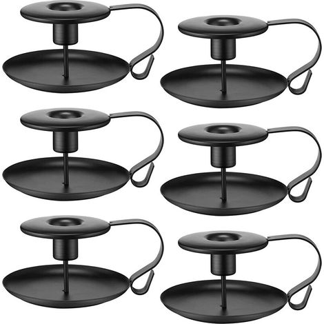 SHINING HOUSE Set mit 6 schwarzen Kerzenhaltern aus Schmiedeeisen, Kegelkerzenhalter aus Metall, Eisen, Vintage-Kerzenhalter mit Griff für 0,79 cm dicke Kerzen, Weihnachts-, Hochzeits-, Party-Dekorati (1/5)