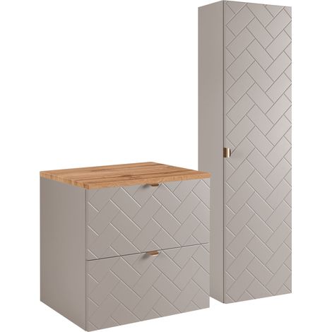 Furnidea - Ensemble un meuble sous vasque 60 cm avec le plan CHÊNE et une colonne 35/136 cm à suspendre MADIS CACHEMIRE - façades motif chevron (1/5)