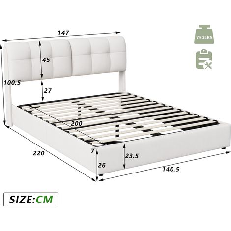 Dans Les Nuages – Lit coffre 140x200 cm avec rangement – Tête de lit LED et USB – Sommier à lattes en bois – Cadre métal capitonné velours beige