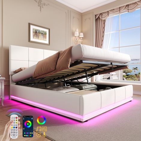Ottoman Double Bed with LED Lighting, PU Leather Upholstered Bed with Hydraulic Storage, 4ft6 Double Bed Frame with Adjustable Square Tufted Headboard, Cream White (No Mattress)