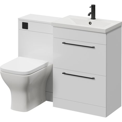 Napoli 390 Gloss White 1100mm 2 Drawer Vanity Unit Toilet Suite with Glide Basin - 1100mm - Matt Black 320mm HandleWith Kingston Toilet Pan and Seat
