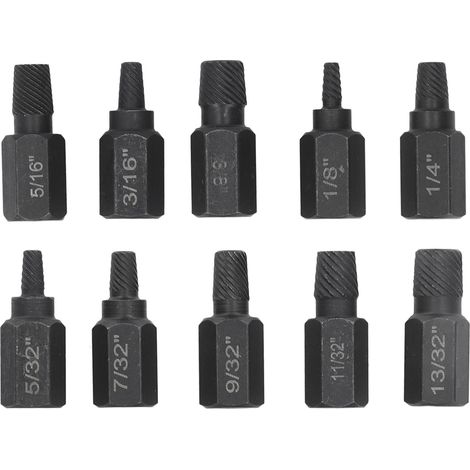 Juego de 10 extractores de tornillos rotos (1/4, 7/32, 3/16, 5/32, 1/8, 13/32, 3/8, 11/32, 5/16, 9/32 pulg.) para tuercas y pernos dañados. (1/5)