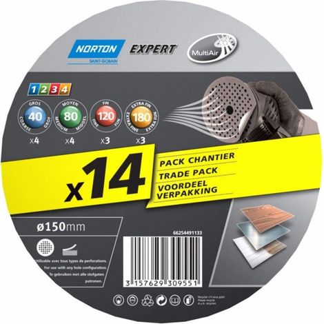 Assortiment de 14 disques auto-agrippants perforés MultiAir Ø150mm NORTON