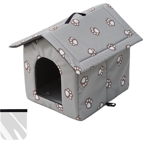 Maison pour chat pour l'extérieur - Résistante à l'hiver - Imperméable - Résistante aux intempéries - Avec rideau transparent amovible (gris, M) (1/5)