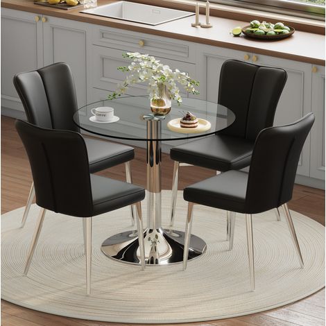 Tavolo da pranzo rotondo in vetro temperato 85 cm con 4 sedie PU nere, nero e argento (1/5)