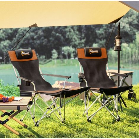 Silla de camping plegable de metal naranja, con reposapiés desmontable y portavasos (1/5)