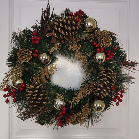 40cm Gold Dressed Christmas Wreath, Baubles, Pinecones and Berries (1/5)