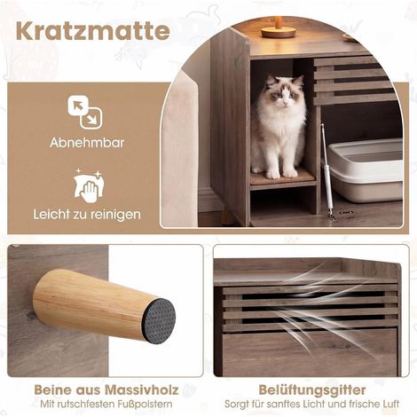 Cacher Bac a Litiere Discret Meuble pour Chat Ferme Table de Nuit avec Rangement et Pieds en Bois de Pin Marron (1/5)