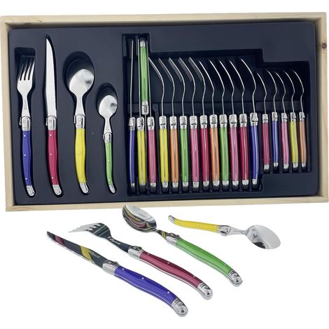 Ménagère Laguiole 24 Pièces - 6 Couteaux, 6 Fourchettes, 6 Cuillères à Soupe, 6 Cuillères à Café - Lames Inox - Manches ABS Pastel - Coffret Bois Élégant (1/5)