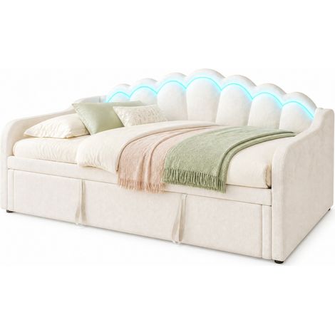 Sofá cama extensible 90x200 cm a 180x200 cm, en terciopelo beige, con cabecero ondulado y tira LED de colores, ideal para dormitorio juvenil CHICFURN (1/5)