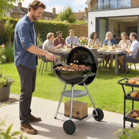 Barbecue portable au charbon de bois, barbecue rond d'extérieur avec couvercle, thermomètre et roues, noir.