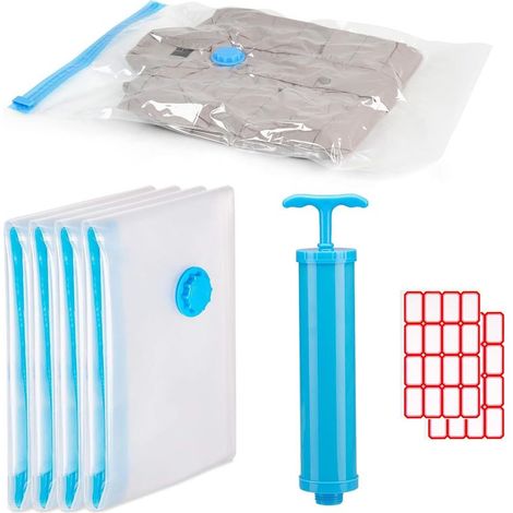 Sacs de Rangement Sous Vide,40 60cm Sacs de Compression Réutilisables, Sac de Voyage Sous Vide, Sacs Sous Vide pour Vêtements,Pompe Sous Vide, Étiquettes Autocollantes, 4 Pièces (1/5)