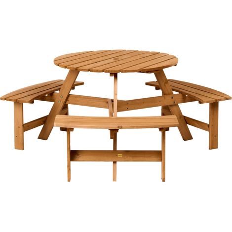 Garden Picnic Dining Table with Benches Light Brown Fir Wood Round Garden Patio Relax CALASCIBETTA (1/5)