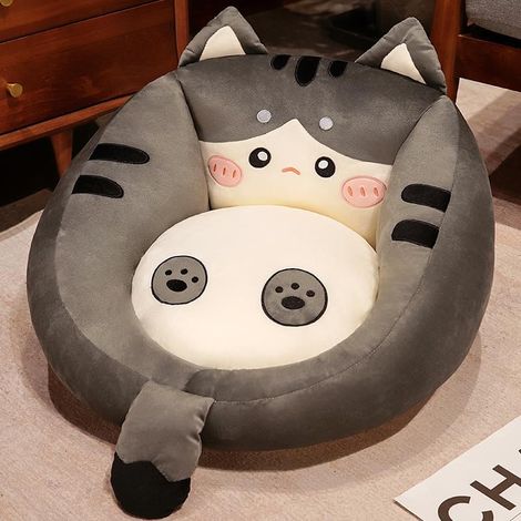 Coussin Sol Animal Chat 50x30cm, Peluche, Dossier, Antidérapant/Lavable, Jeux/Bureau/Chambre/Salon