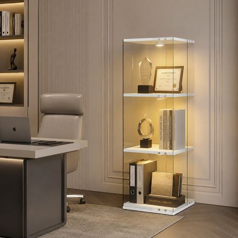 Vetrina espositiva girevole a 360° in vetro, 3 ripiani, altezza 121 cm, con faretti LED RGB, sistema antiribaltamento, vetro temperato e legno, bianco (1/5)