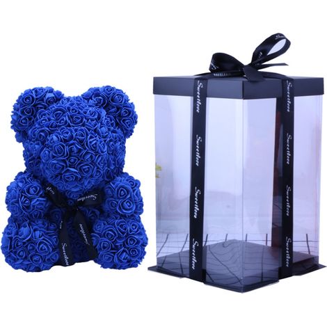 Blauer Rosen-Teddybär mit Geschenkbox, künstlichen Blüten aus PE-Schaumstoff, ewige Rosen, ideal für Hochzeit, Muttertag und Jahrestag (1/2)