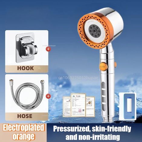 Ensemble de douche universel (Orange 3 pièces) : Pommeau de douche portable haute pression à 5 jets, effet pluie puissant, résistant aux chocs et aux explosions. (1/5)