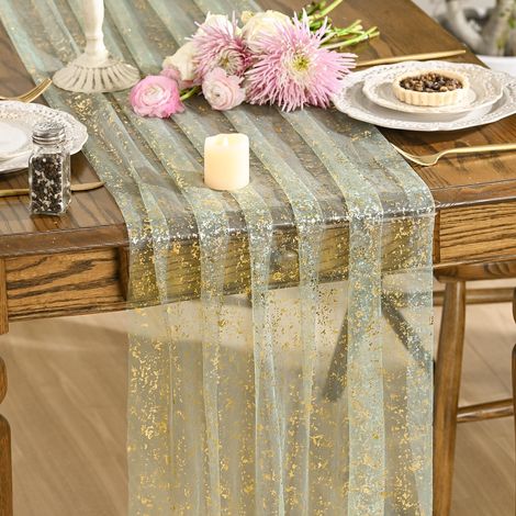 Artoid Mode Gaze Tulle Vert Sauge Doré Chemin de Table 70 x 300 cm, Feuille d’Or Décoration de Table Cuisine Vacances Anniversaires (1/5)